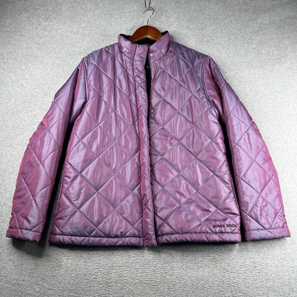 Guess Outerwear Puffer Jacket Zip Snap Purple Iridescent Womens Large